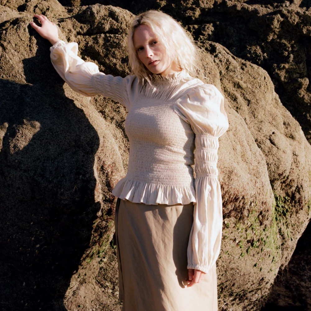 Nary Rohnea Linen Shirring Turtle Neck Smocked Long Sleeve Top